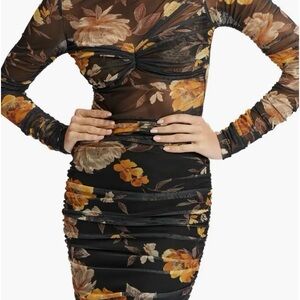 Bardot Black and Orange Floral Mesh Long Sleeve Dress